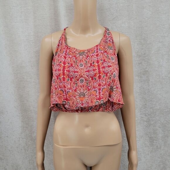 Angie Vintage Baroque Bohemian Red Tie Neck Crop Top - Picture 1 of 10
